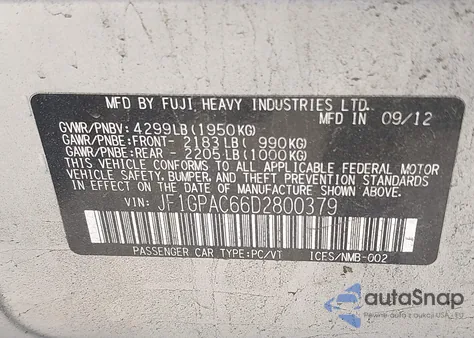 2013 Subaru Impreza 2.0I Premium из США, поврежденный, VIN JF1GPAC66D2800379